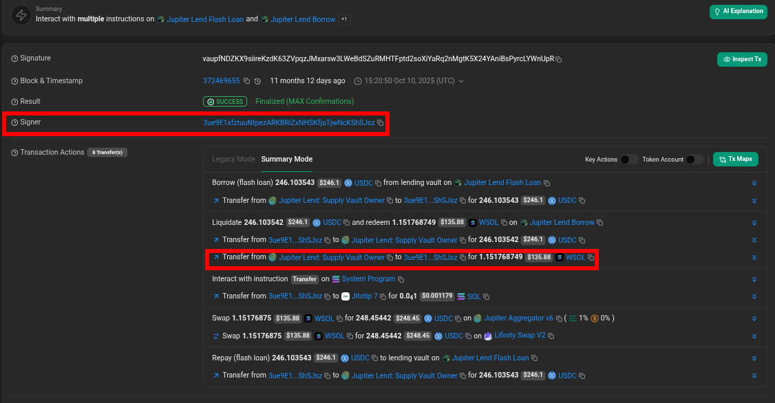 Liquidator signer and transaction actions on Solscan