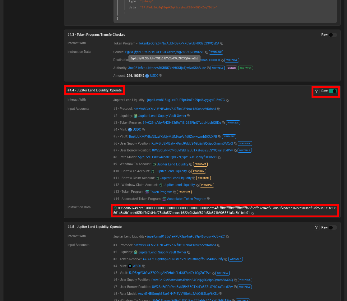 Serialized Operate instruction payload in Solscan