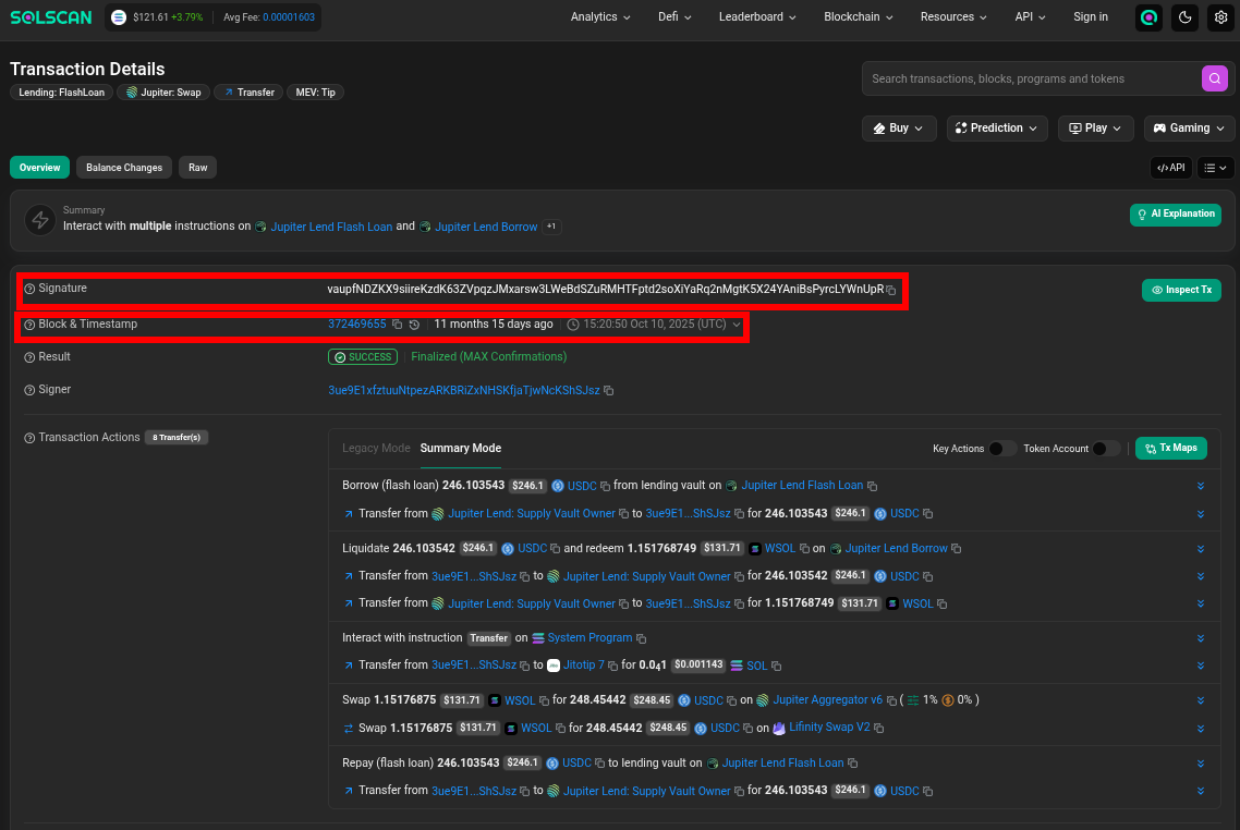 Transaction signature and timestamp on Solscan